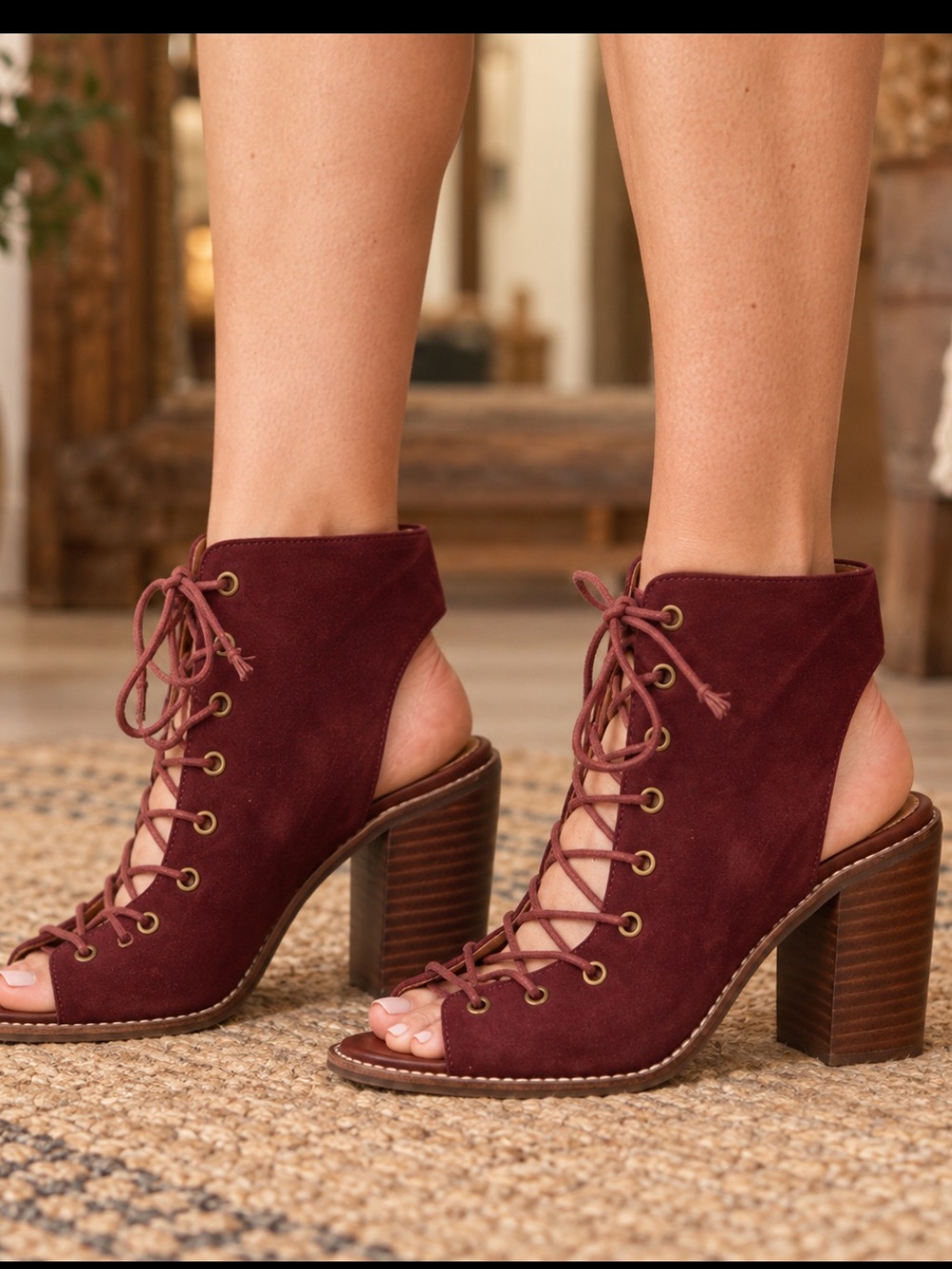Free People x Jeffrey Campbell Burgundy Lace-Up Heels Size 9.5